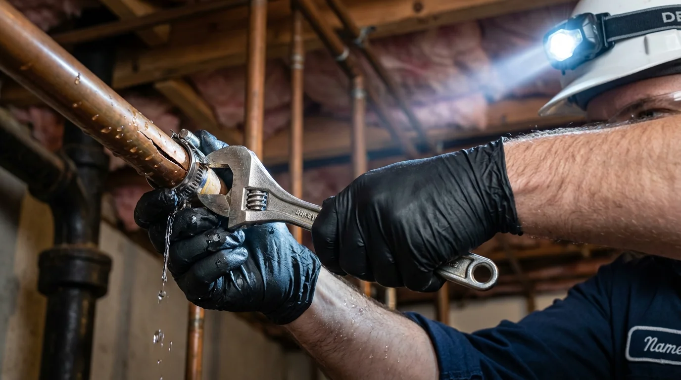 Emergency pipe clamp repair being performed by a Johns Plumbing LLC plumber in Medway
