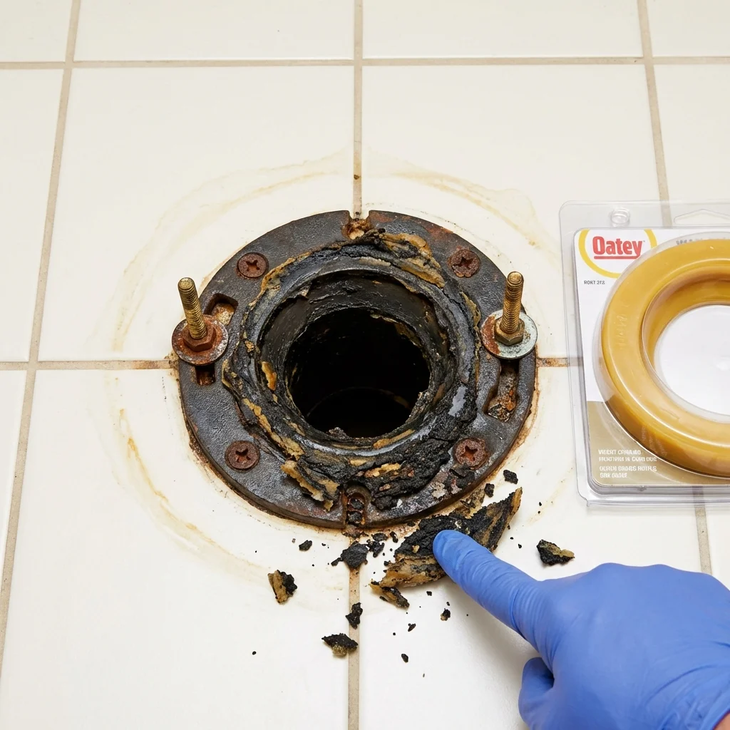 Failed wax ring showing water seepage at the base of a toilet in a Medway, MA home
