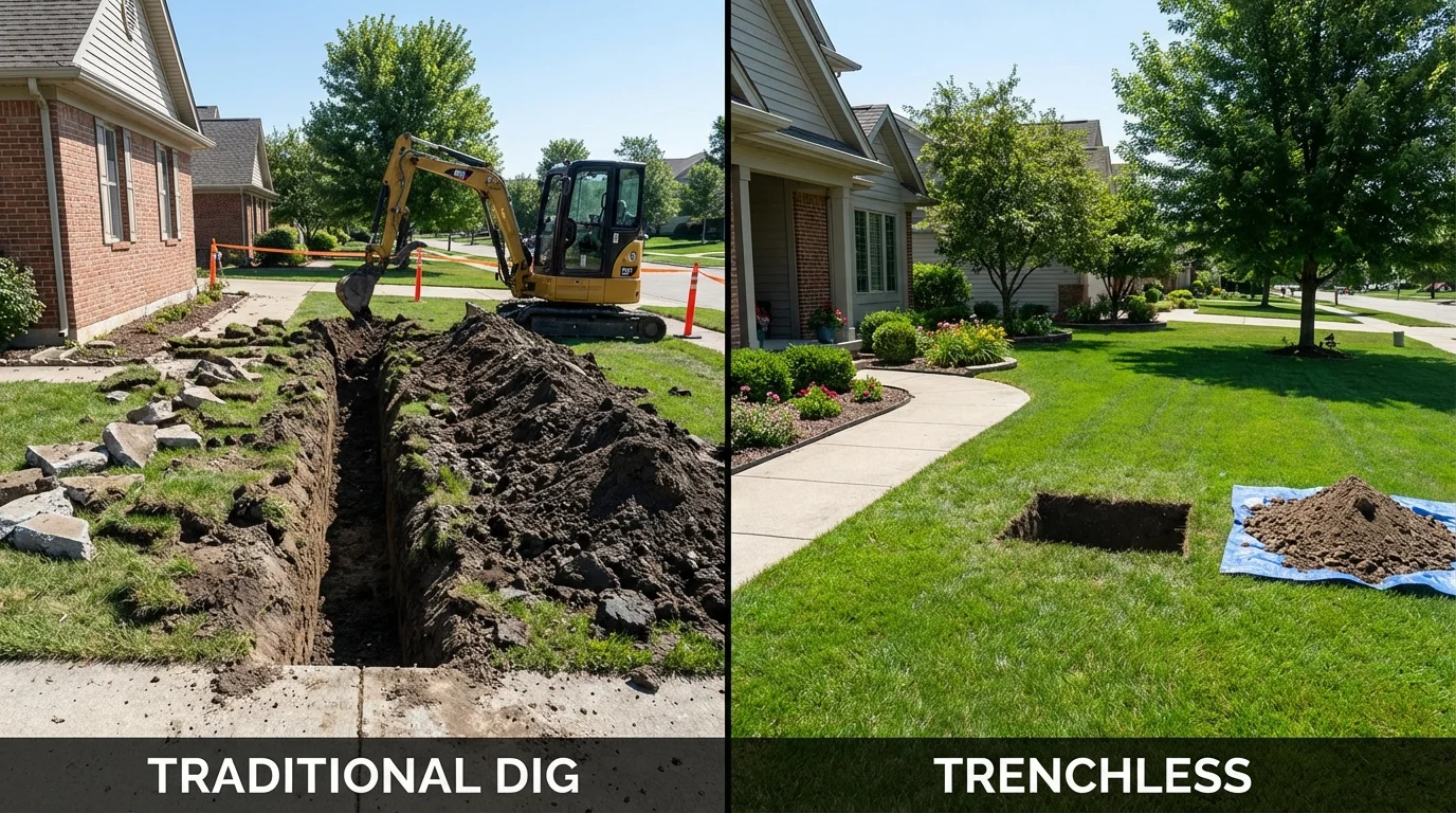 Trenchless sewer repair with minimal yard damage versus traditional excavation in Medway, MA