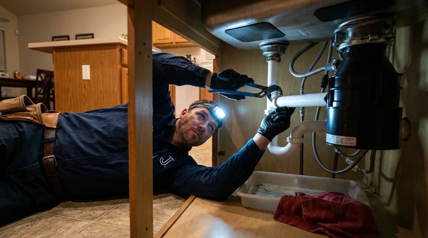 P-trap and supply line connections under a kitchen sink showing a common leak point in Medway, MA